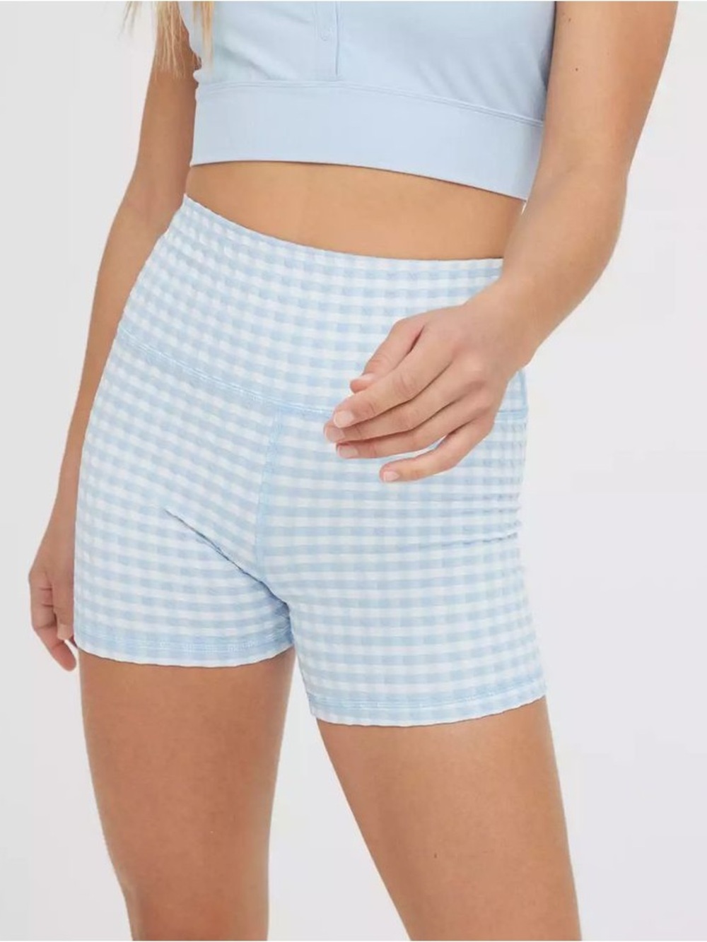 aerie Light Blue & White Gingham High-Rise Bike Shorts